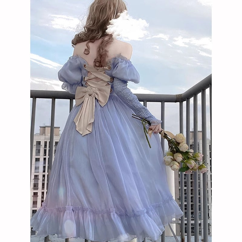 French First Love Organza Backless Lace up Blue Dress Female Tea Break Milk Fufu Escape Princess Super Fairy