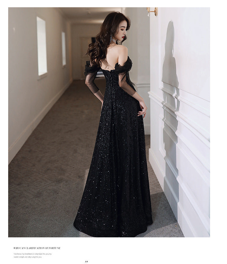 Black Evening Dress Host French Style 2024 New Women's Banquet Temperament Daily Style Slimming Queen Dress