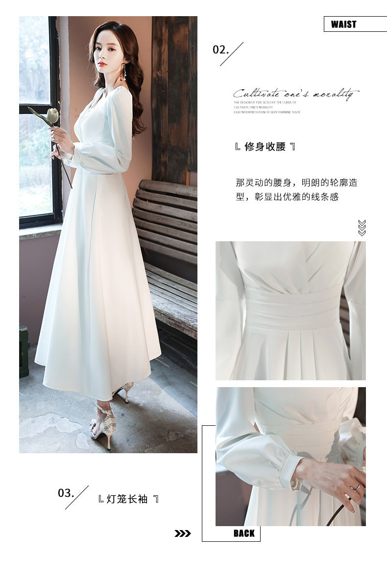 2024 Spring White Dress High-End Wedding Party Simple Graceful Square Collar Dress Spring and Autumn Women