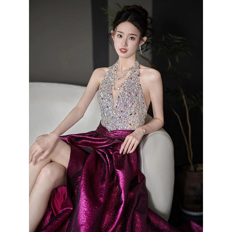 Halter Evening Dress 2024 New High Sense Heavy Industry Beads Banquet Temperament Host Bride Engagement Toast Clothing