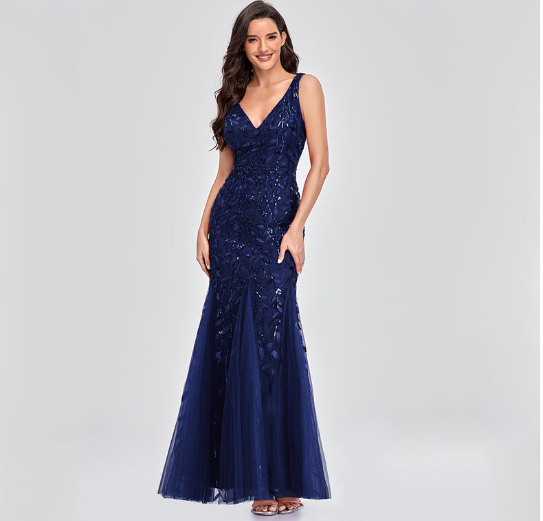 New 2023 Dress Sexy Dress Sleeveless V-neck Embroidery Sequin Slim Fishtail Bridesmaid Evening Dress for Women