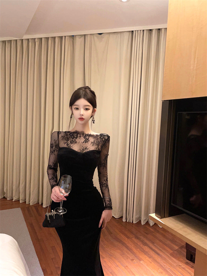 1164 Europe and America Southeast Asia Foreign Trade Wholesale 2024 French Pure Desire Lace Stitching Velvet Backless Dress Dress