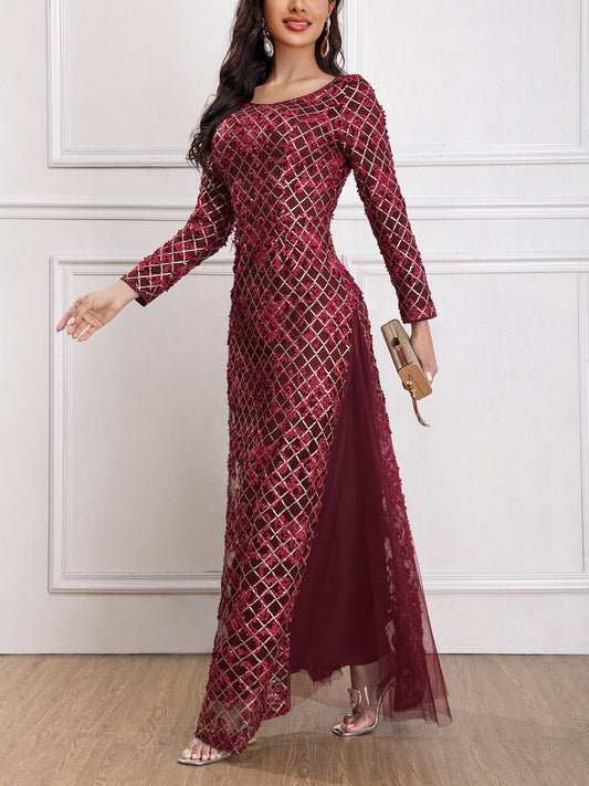 Cross-Border Foreign Trade Women's Clothing European and American Amazon Independent Station New Heavy Industry Dress Embroidery Stitching Mesh Long Dress