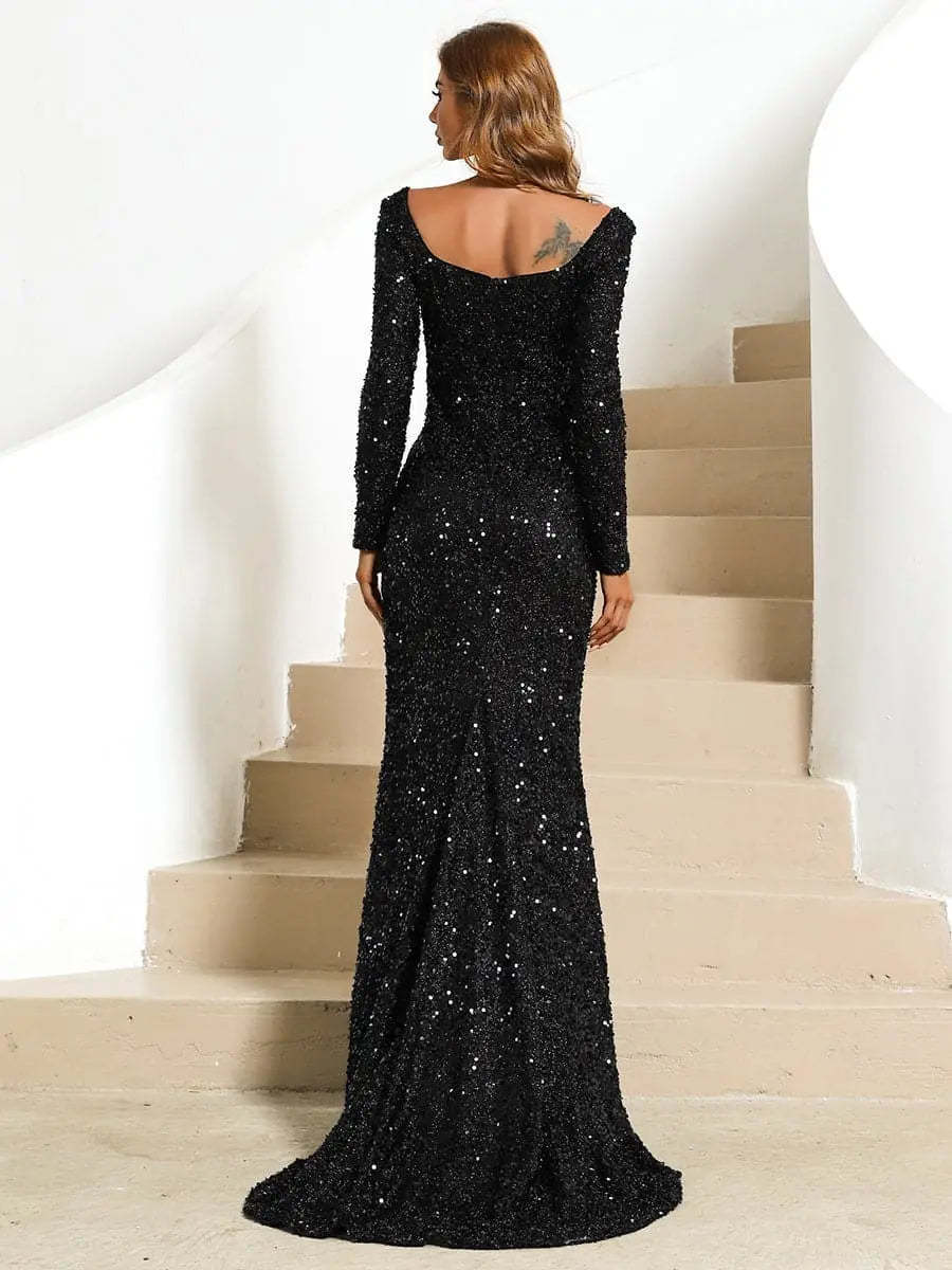 Party dress long sleeve sequin golden red black Fashion V-neck Hip Sequined European and American Style Dress Mid-Waist Flared Sleeve Long Evening Dress H909023