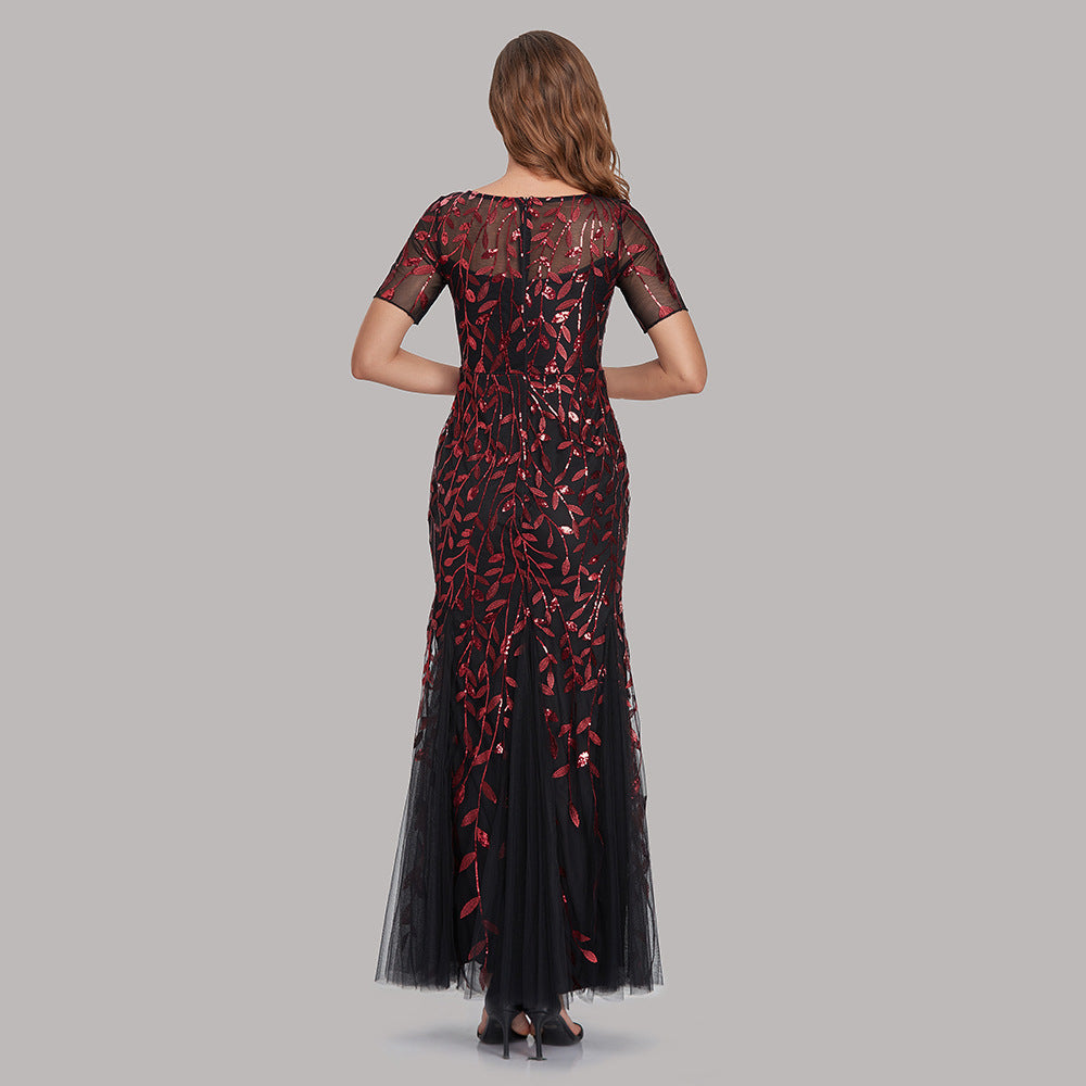 Spring and Summer Cross-Border 2024 Banquet Host European and American Slim Mesh Sequins Evening Dress Fishtail Dress Women