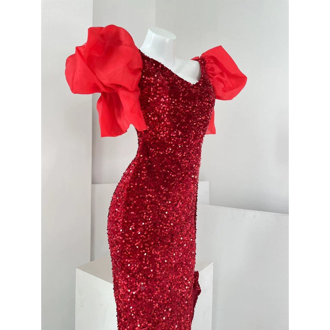 European and American Evening Dress Retro Party Exaggerated Puff Sleeve Sequined Small Dress Design Sense Slit Sheath Skirt Toast Clothing