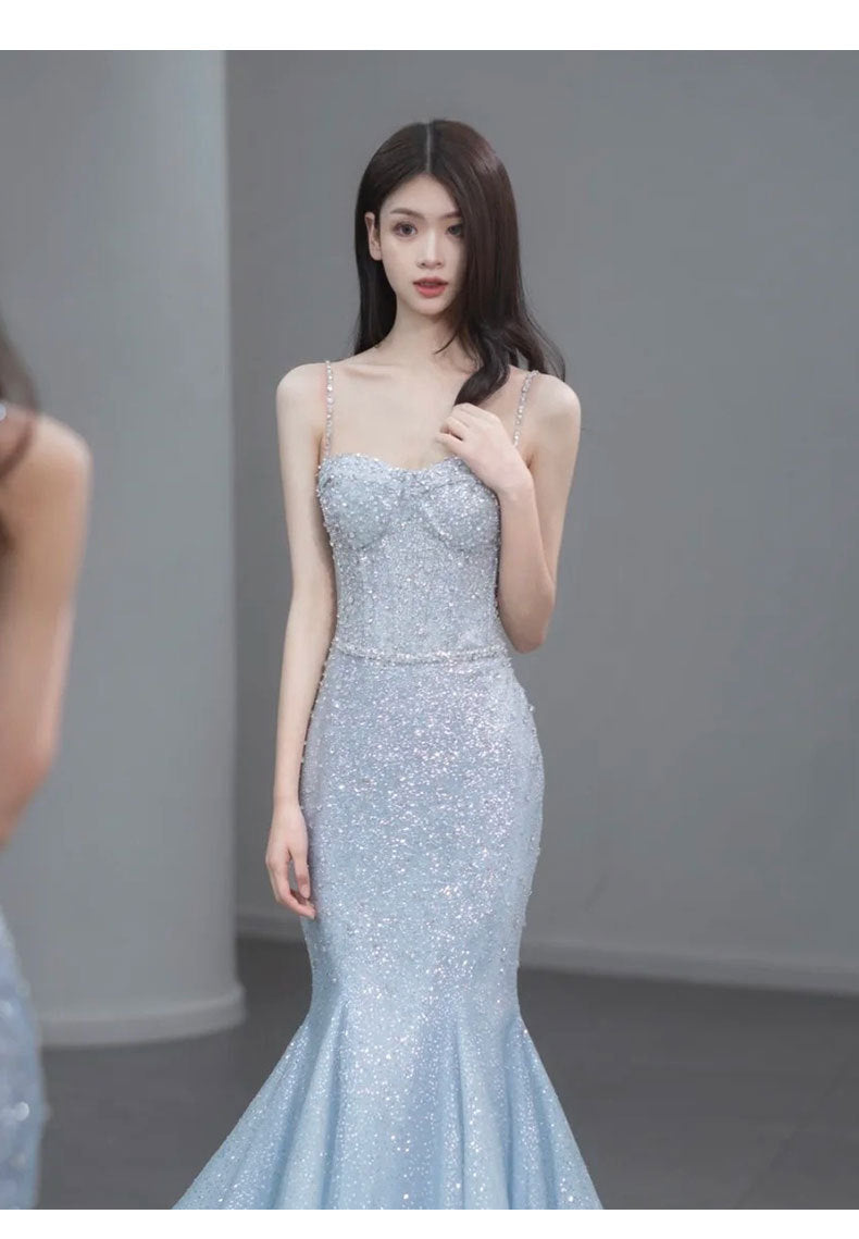 Fishtail Evening Dress High-Grade Model Catwalk Student Art Exam Toast Dress Bride Super Fairy Blue French Strap
