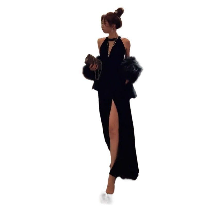 Evening Dress Light Luxury Minority High-End Temperament Socialite Hepburn Wind Black Pure Desire Split Sexy Halter Dress