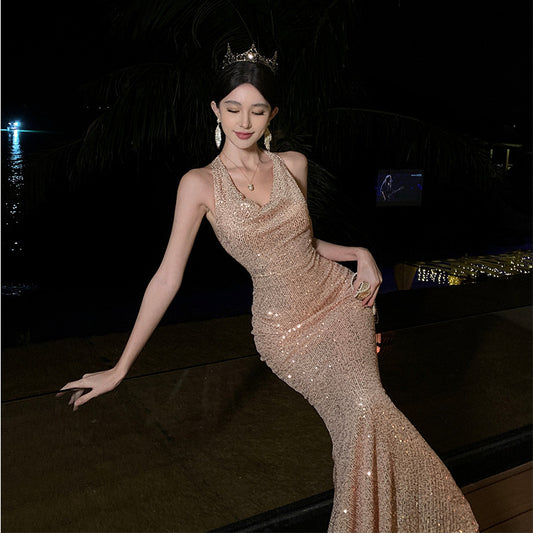 Champagne Glitter Swing Collar Light Yarn Dinner Suit Heavy Industry Dinner Halter Dress Engagement Dress for Women