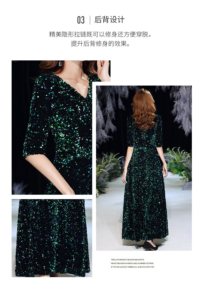 Green Sequins Annual Party Evening Dress Female 2024 Spring and Spring New Banquet Temperament Texture Host Long Dress
