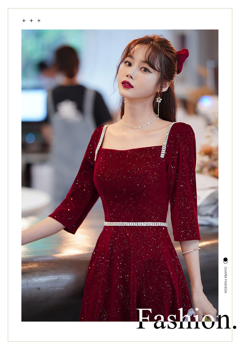 Toast Dress Bride 2024 New Autumn and Winter Fairy Wine Red Engagement Dress Wedding Back Door Toast Dress