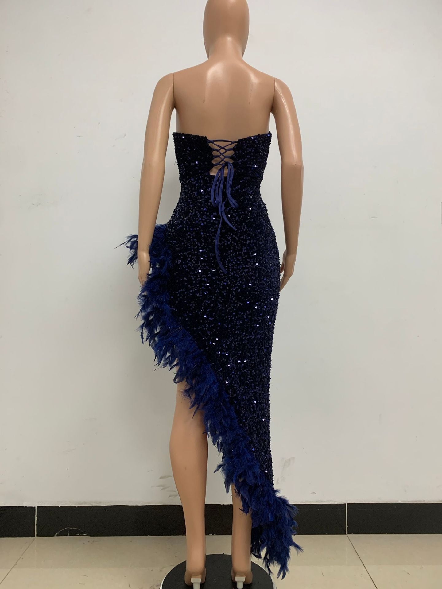 INS Europe and America Cross Border Women Wish Amazon EBay Independent Station Tube Top Backless Sequined Feather Dress Female