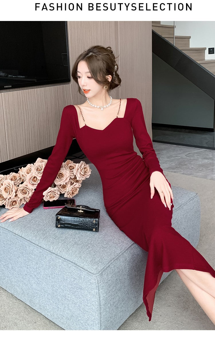 Chic French Style Chain Square Collar Dress Women's Elegant Bodycon Sheath Dress Niche Split Evening Dress Isn