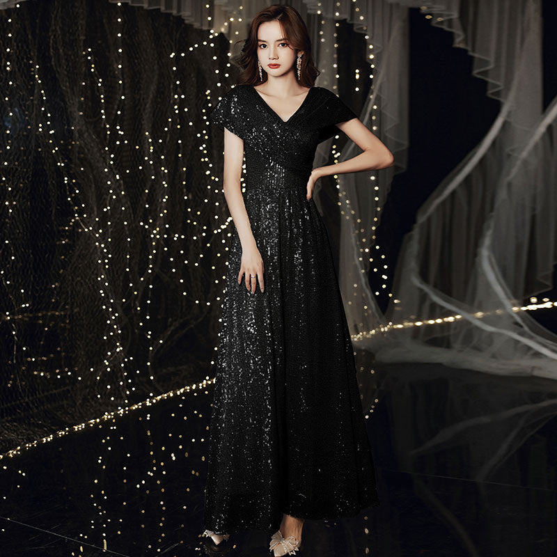 Banquet Evening Dress 2024 New High Sense V-neck Sequins Special Interest Light Luxury Performance Host's Dress Dress