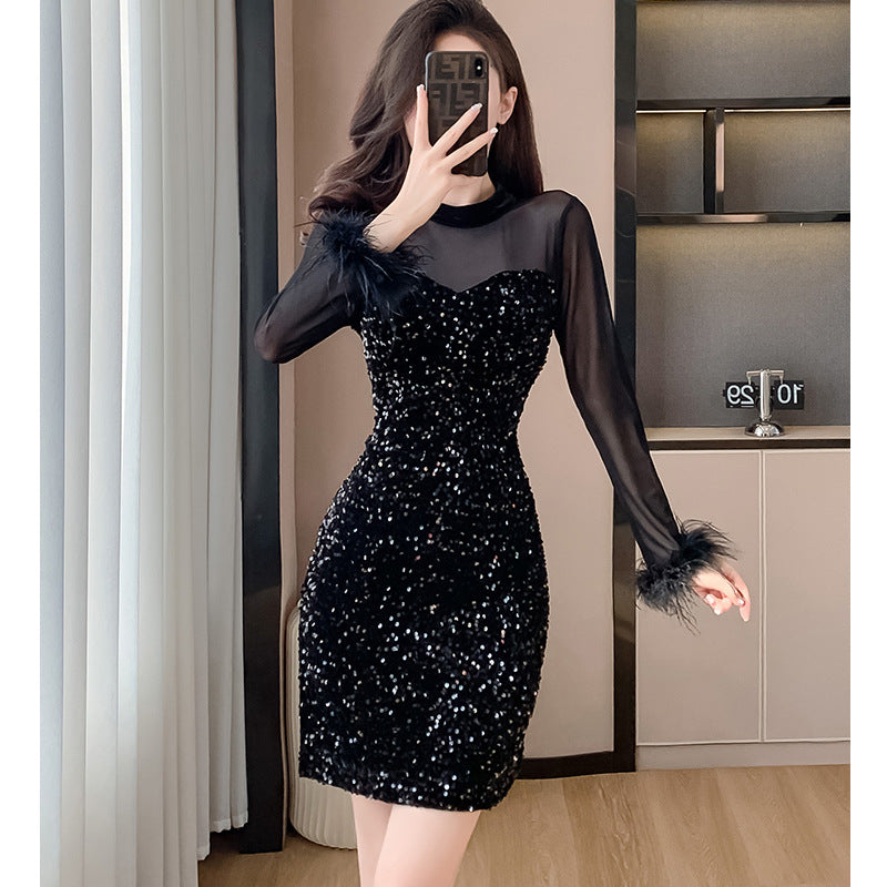 2023 Mesh Stitching Sequins Dress Women's French Entry Lux Sexy Waist Trimming Banquet Dress Sheath Black Dress