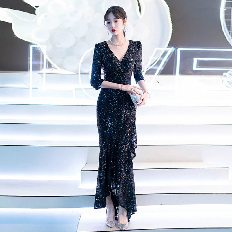 Black Evening Dress High-End Affordable Luxury Niche Female 2024 New Host Birthday Banquet Sequined Fishtail Dress Autumn