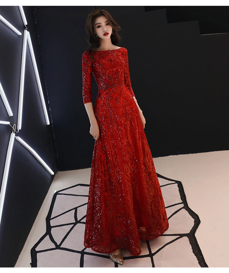 Bridal Toast Clothing 2024 Summer New Wine Red Marriage Engagement Back-to-Door Long Dinner Chinese Style Toast Dress