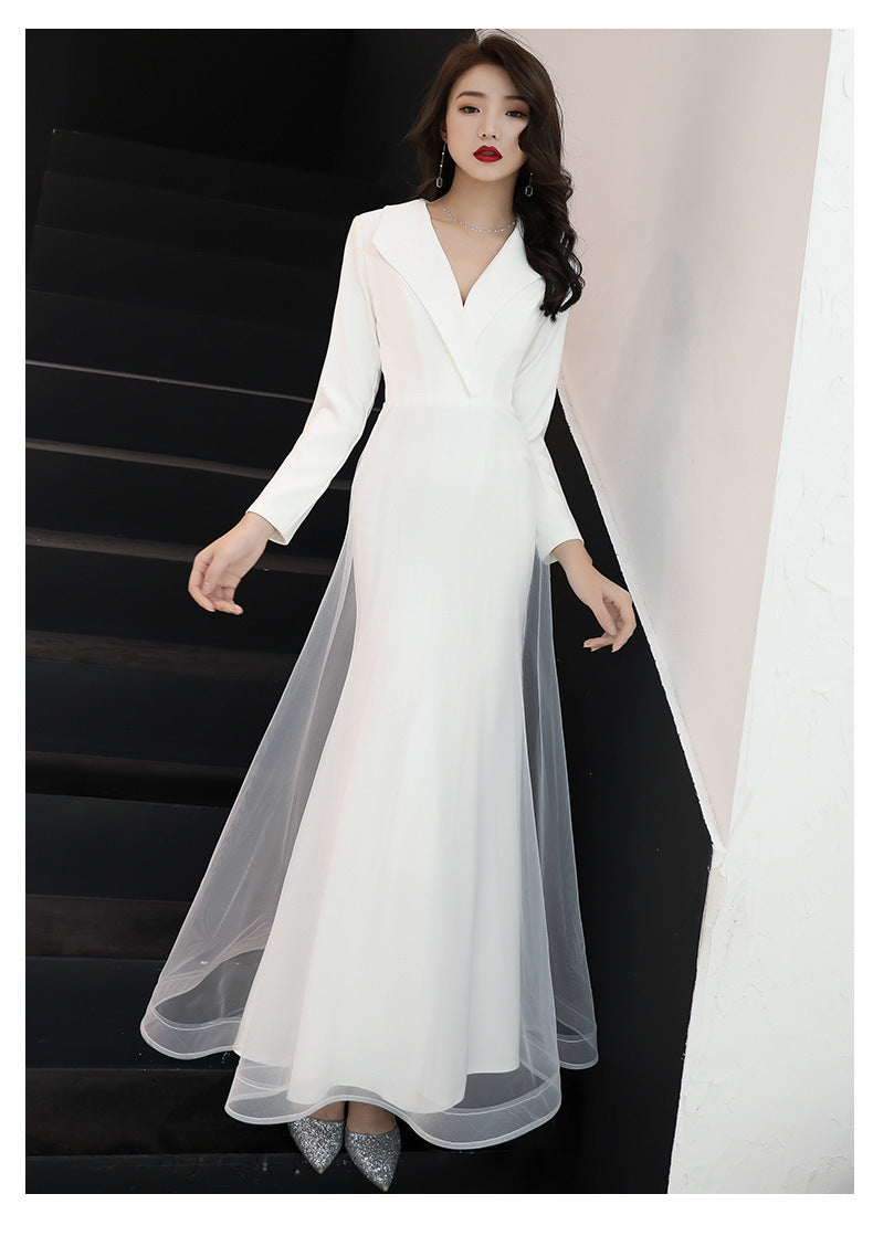 White Evening Dress Women's Long-Sleeved Annual Meeting Host Fishtail Dinner Dress 2024 New Socialite Long Temperament Slimming