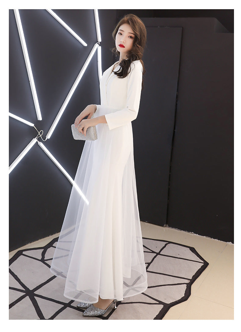 White Evening Dress Women's Long-Sleeved Annual Meeting Host Fishtail Dinner Dress 2024 New Socialite Long Temperament Slimming