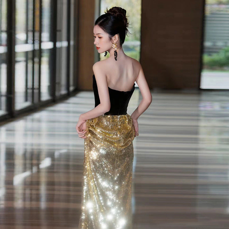 Evening Dress Ball Gown Black And Golden Off Shoulder French Elegant Birthday Banquet Dress Black Gold Thin And Glittering Bride Wedding Toast Dress 👑 Shimmering Day H8923