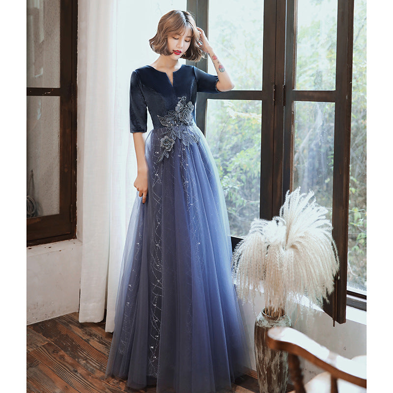 Evening Dress Party Dinner Gown Women's Banquet Elegant Solo Performance Host Art Exam Velvet Long Dress H9223