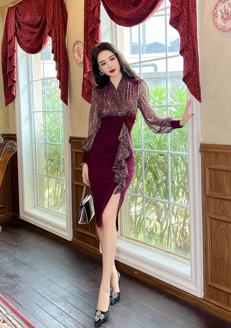 New Fall Women's Clothing Slim Fit Slimming Long Sleeves Dress Elegant High Sense Light Luxury Minority Red Engagement Dress