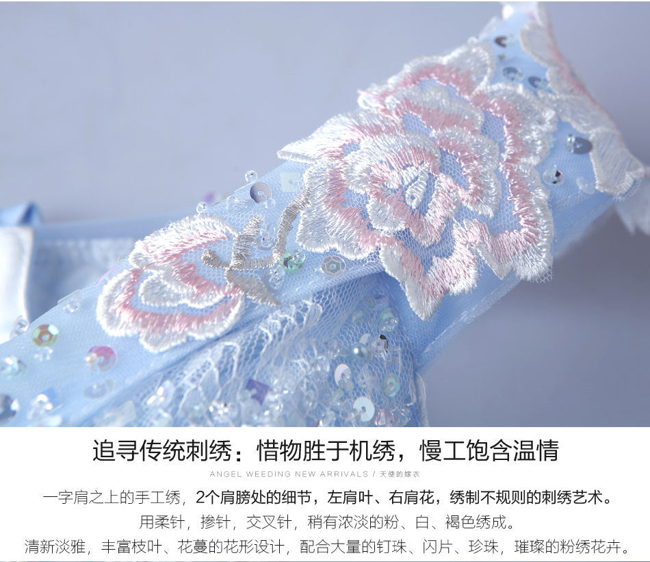 Super Fairy Wedding Dress 2024 Autumn Blue Flower Art Exam Catwalk Fashion Trend Foreign Trade Banquet Evening Dress for Women