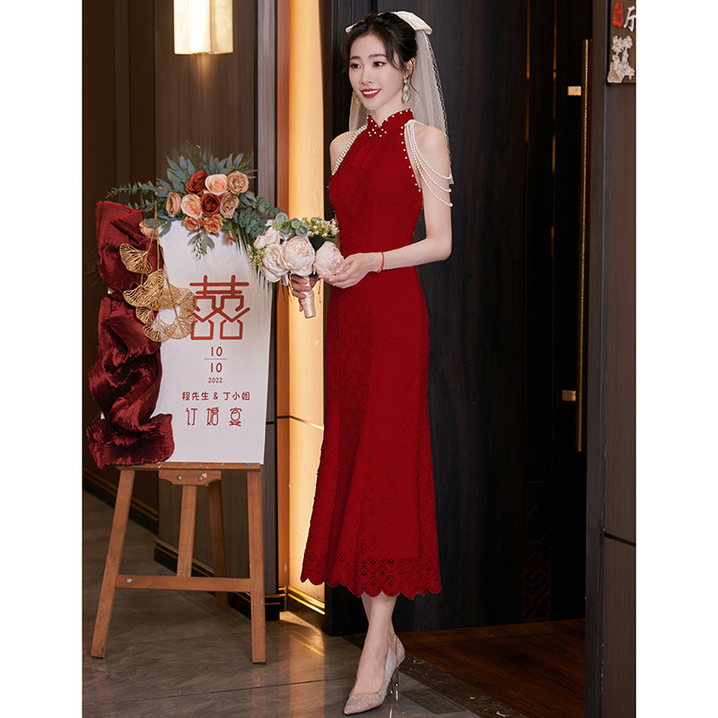 New Chinese Style Registration Slim White Dress Autumn and Winter Improvement Young Cheongsam Engagement Bride Lace Fishtail Dress