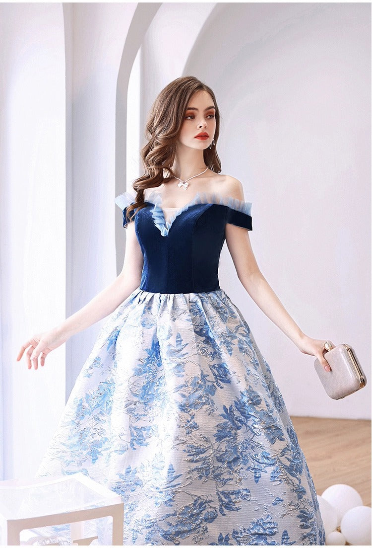 Evening Dress for Women 2024 Summer Blue off-Shoulder Banquet Performance Performance and Catwalk Host Wedding Dress