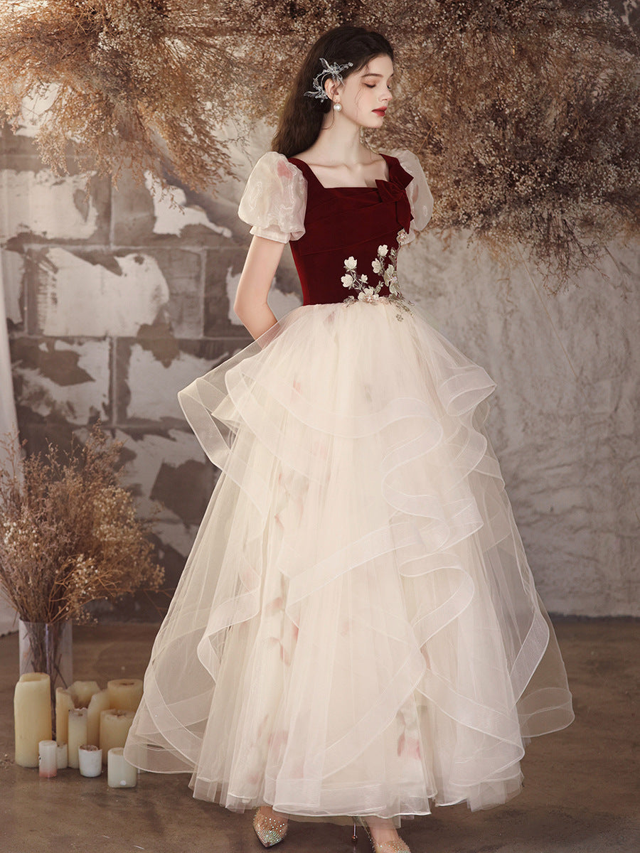 Sweet Velvet Puff Sleeve Toast Dress 2024 New Bridal Marriage Engagement Design Pettiskirt Evening Dress