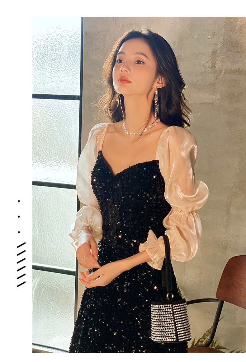 Black Annual Party Dress Female 2024 New High-End Temperament Host Adult Ceremony High-Grade Long Sleeve Noble