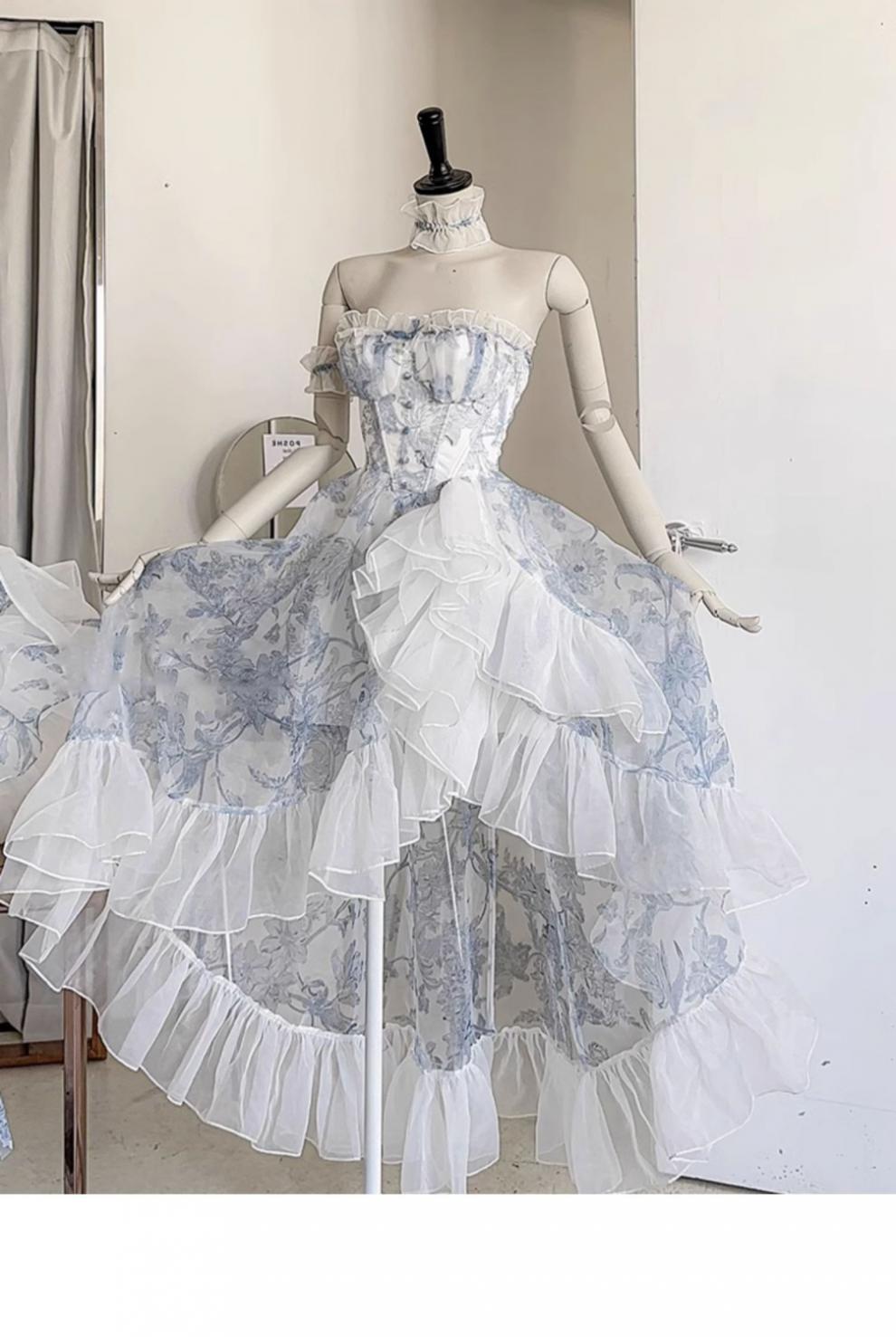 French Blue Floral Strapless Dress Women's Summer Princess Vintage Vintage Lolita Dress