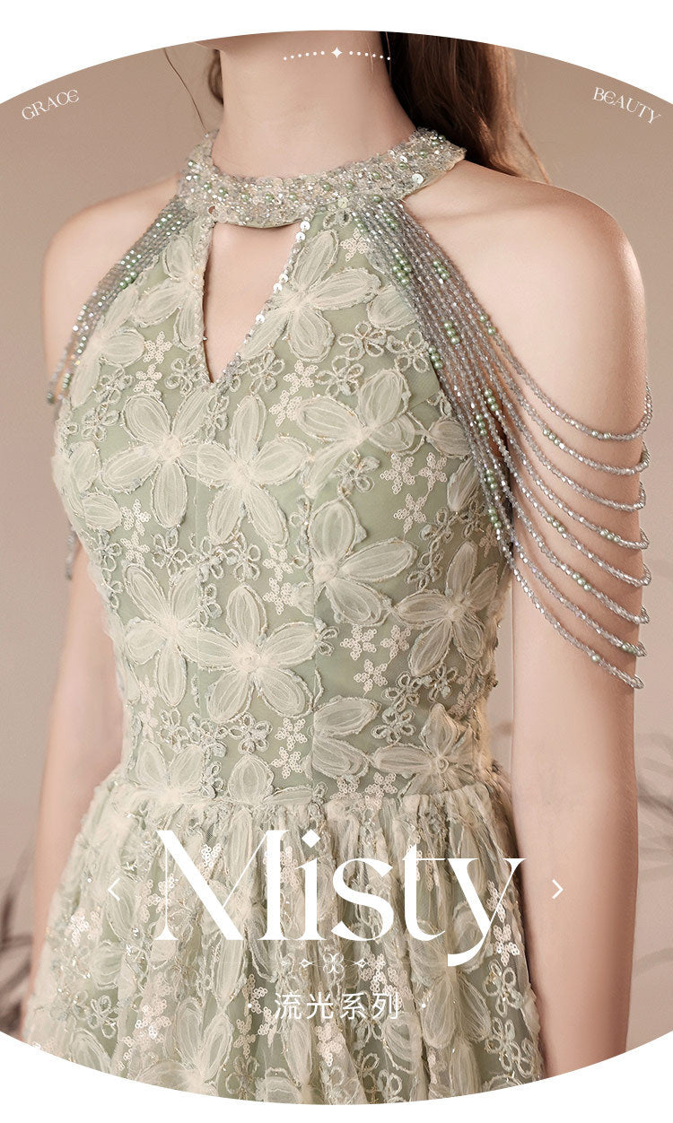 Halter Evening Dress 2024 New Printed Lace Toast Dress Bride Marriage Engagement Long Dress Elegant Slimming Green