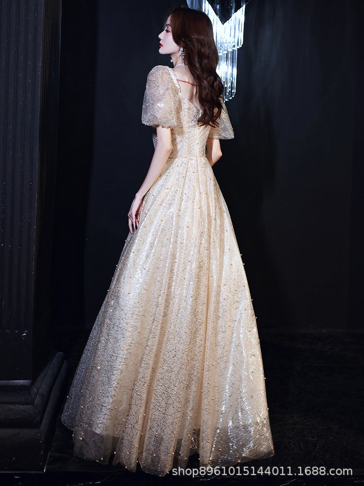 Banquet Evening Dress 2024 New Autumn Champagne Golden Princess Fairy Chorus Conductor Holding People Dress for Women