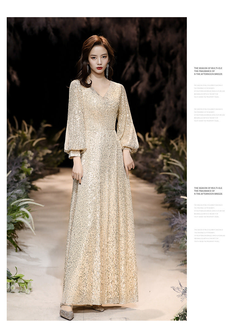 Factory Supply Evening Dress 2024 New Autumn and Winter Long Long Sleeve V-neck Sequins Champagne Annual Party Evening Dress