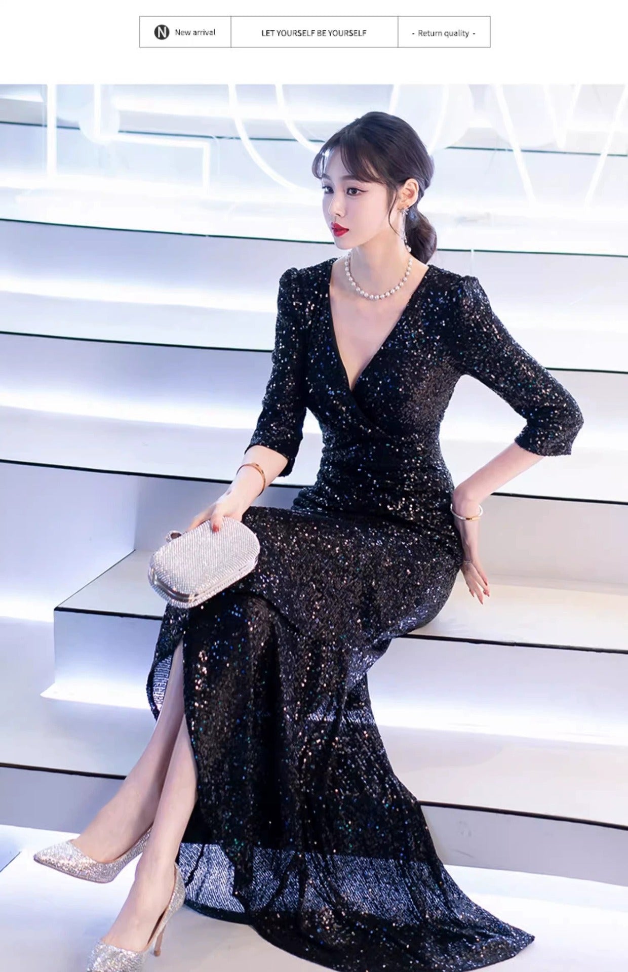 Black Evening Dress High-End Affordable Luxury Niche Female 2024 New Host Birthday Banquet Sequined Fishtail Dress Autumn