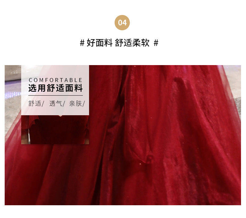 Toast Dress Bride Wine Red Dress Slimming Temperament 2022 New Banquet Strap Handmade Marriage Engagement Dress