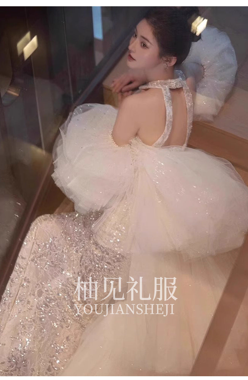 Halter Evening Dress Fishtail Backless Bride Engagement Formal Dress Toast Clothing Light Luxury Minority Design Sense Banquet Host