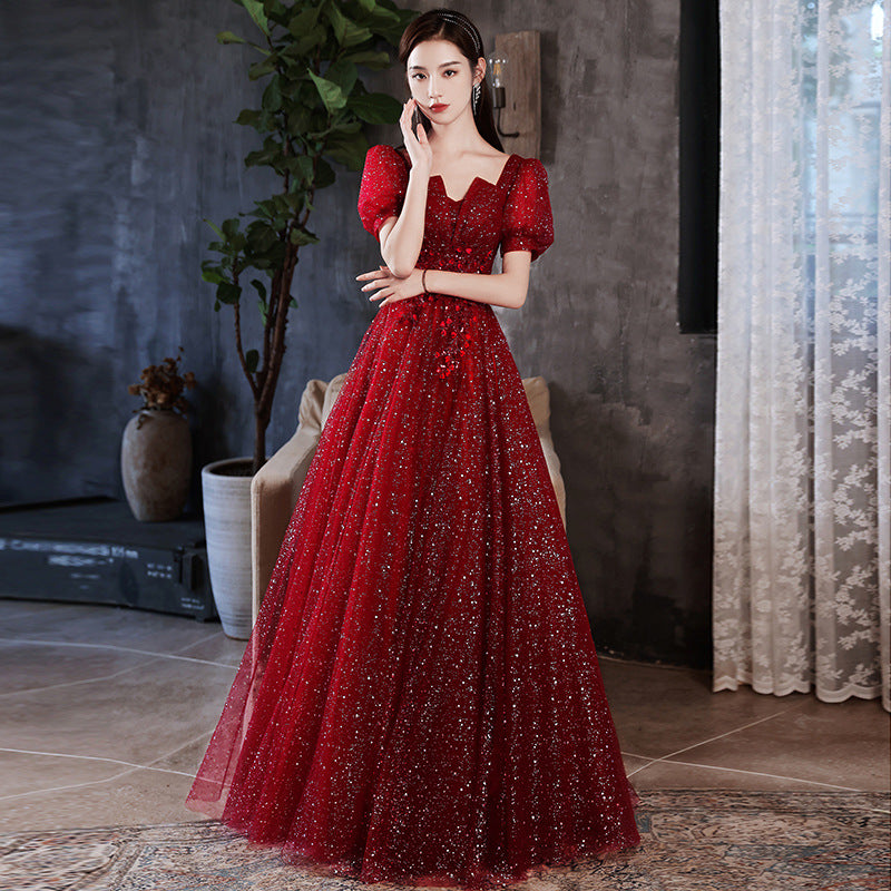 Toast Dress Bride 2024 Red New Style Wedding High-End Elegant Engagement Evening Dress Women's Gauze Dress Autumn