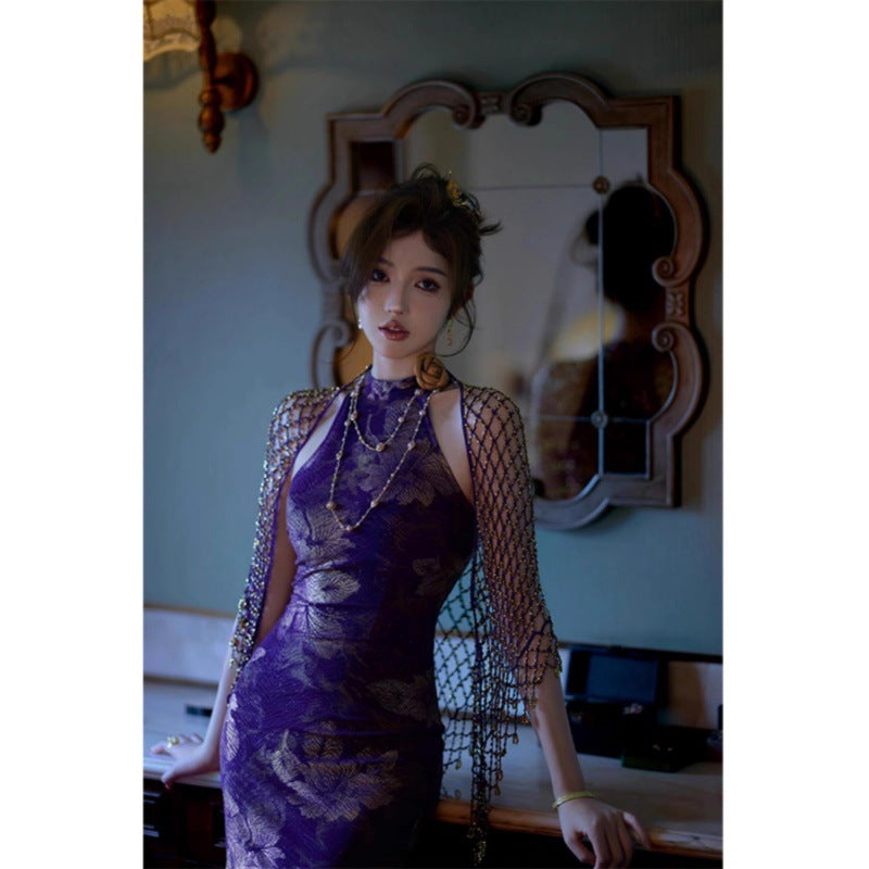 New Chinese Style Improved Cheongsam for Women 2024 New Young High-End Temperament Jacquard Purple Sexy Sheath Dress