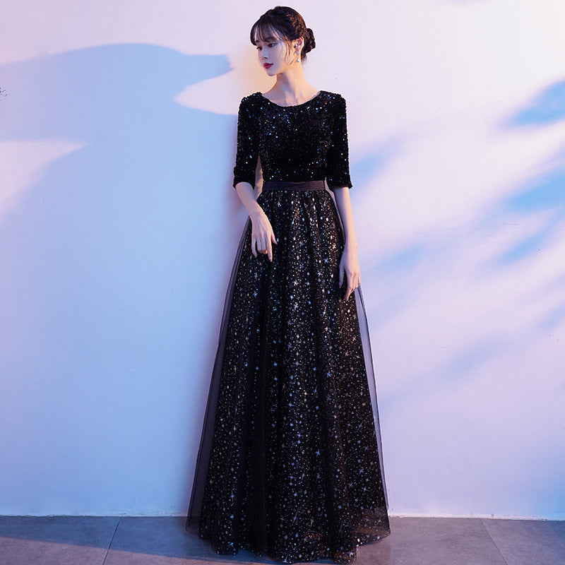 Black Adult Long Dress for Choir Performance, Female Conductor Competition Host Banquet Evening Gown Dress