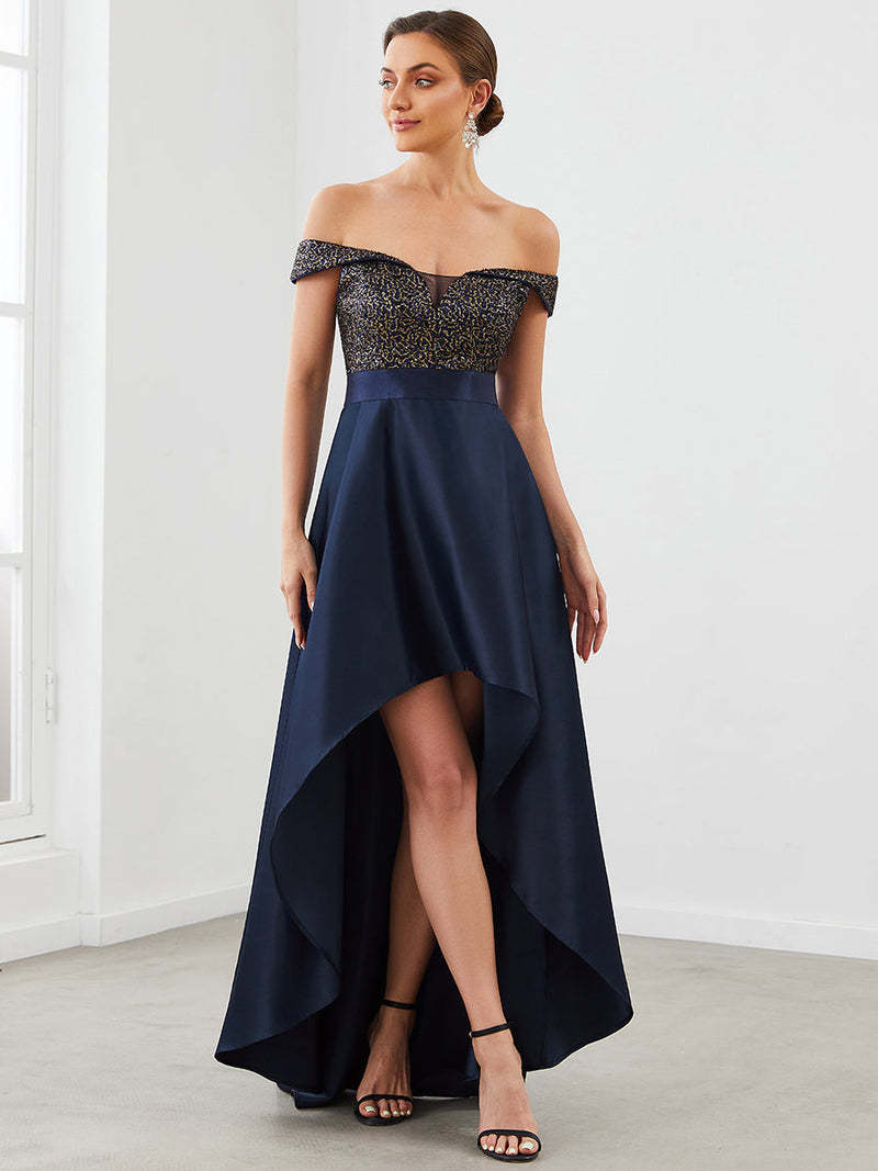 Europe and America Cross Border Foreign Trade off-Shoulder Evening Dress off-Shoulder Sequins High-End Banquet Graceful Satin Dress Small Tail