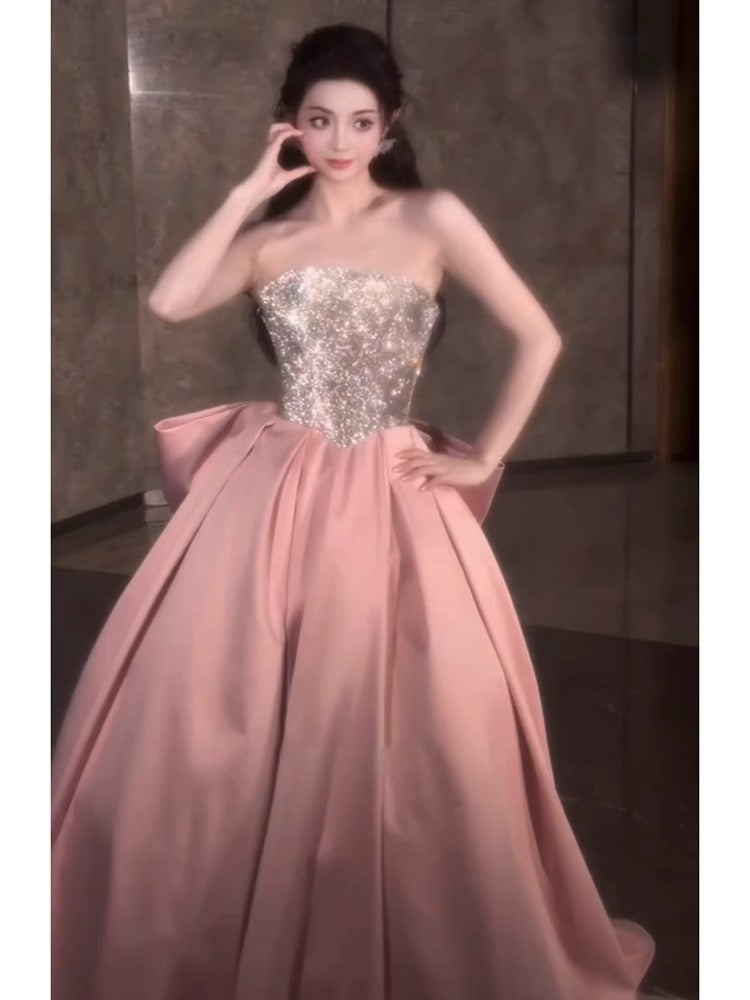 Pink Evening Dress for Women 2024 New High-Grade Tube Top Banquet Temperament Host Birthday Dress 18-Year-Old Adult Ceremony