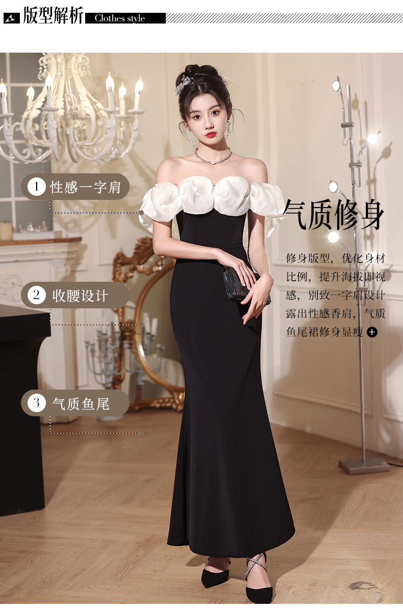 Beautiful off-Shoulder Evening Dress for Women 2024 New High-Grade Light Luxury Minority Banquet Host Elegant Fishtail Dress