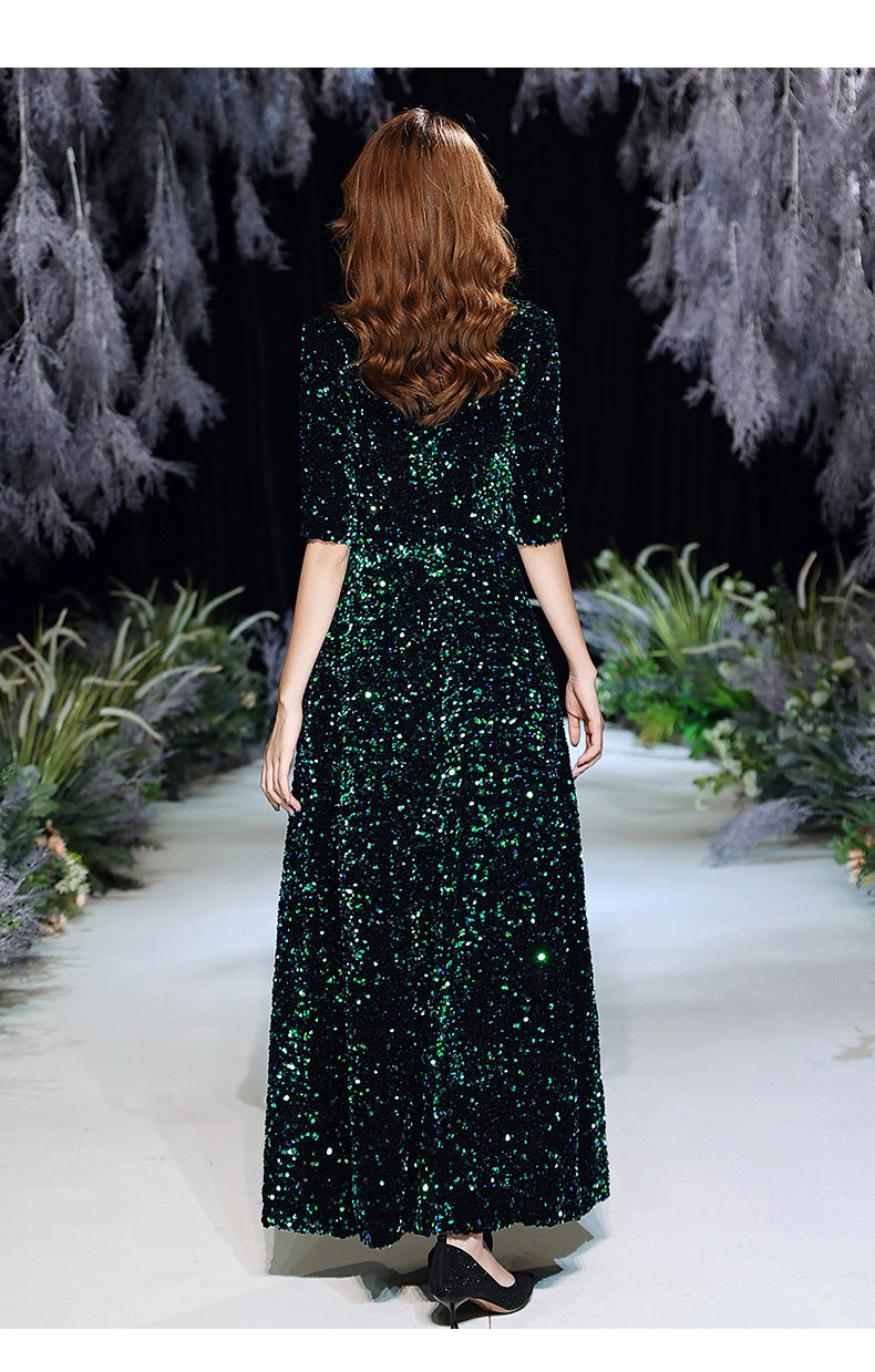 Green Sequins Annual Party Evening Dress Female 2024 Spring and Spring New Banquet Temperament Texture Host Long Dress