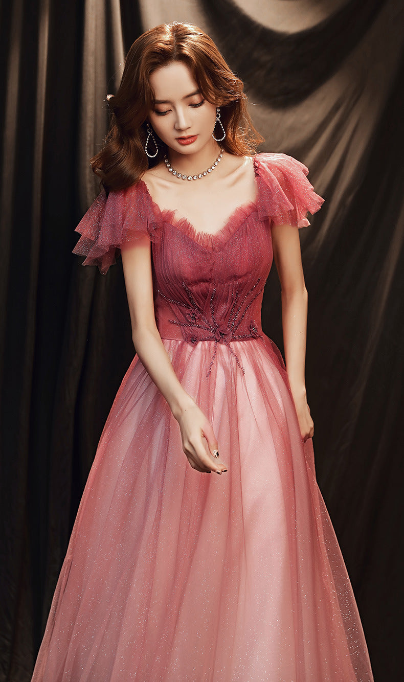 Toast Dress 2024 New Fairy Gradient Marriage Engagement Evening Dress off-Shoulder Banquet Host Dress Annual Meeting