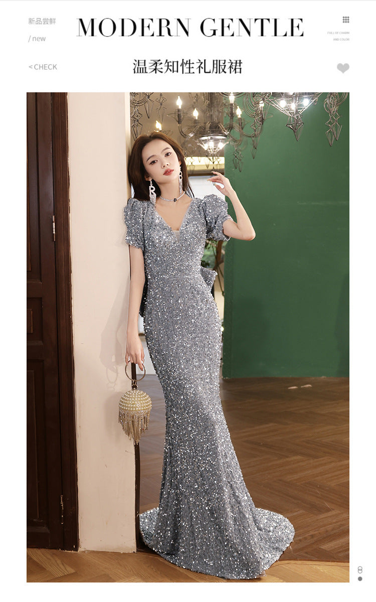 Evening Dress for Women 2024 New Light Luxury Toast Clothing Banquet Host Light Luxury Minority Light Luxury Fishtail Dress