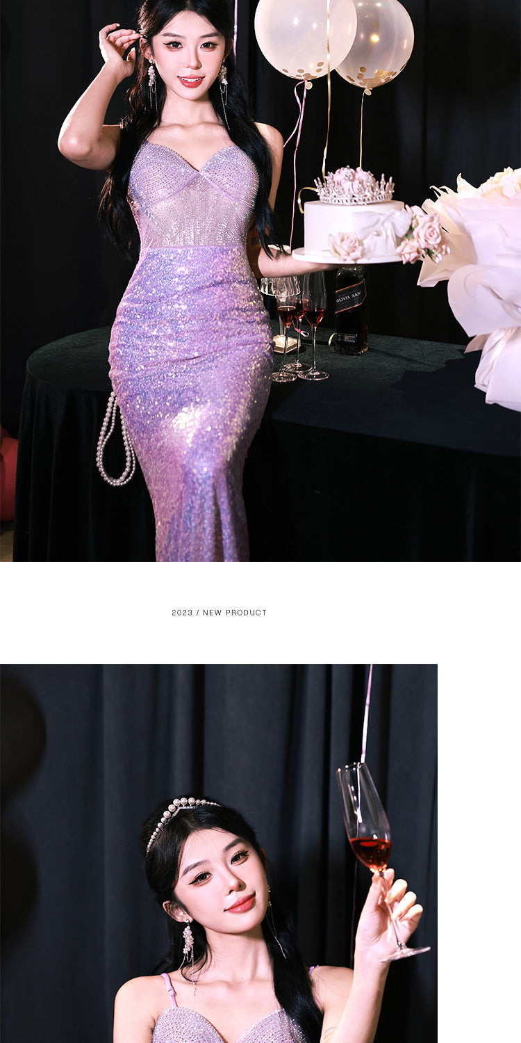 High Sense Banquet Temperament Light Luxury Minority Host Adult Lady like Woman Temperament Sexy Waist Trimming Sheath Fishtail Evening Dress