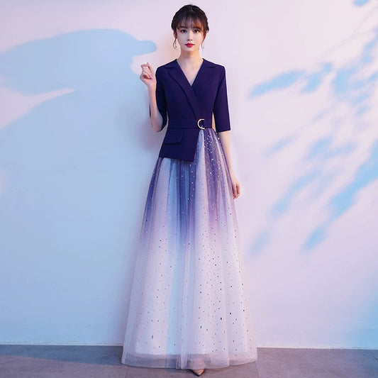 Elegant Banquet Evening Dress Dress Autumn Light Luxury Advanced Texture High-End Blue Costume Host Dress Female