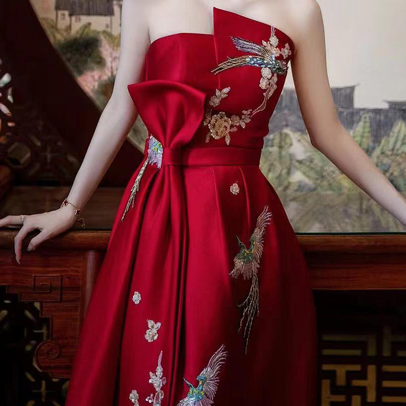 New Chinese Toast Clothing 2024 New Tube Top Morning Gowns Women's Bride Engagement Formal Dress Toast Clothing out of the Court Banquet Back to the Door Clothing